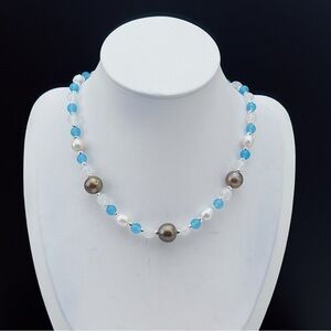 N179 Handmade Freshwater Baroque Pearl Aqua Marine Clear Quartz Necklace
